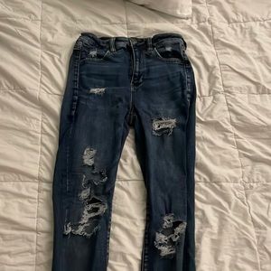 dark wash, distressed skinny jeans